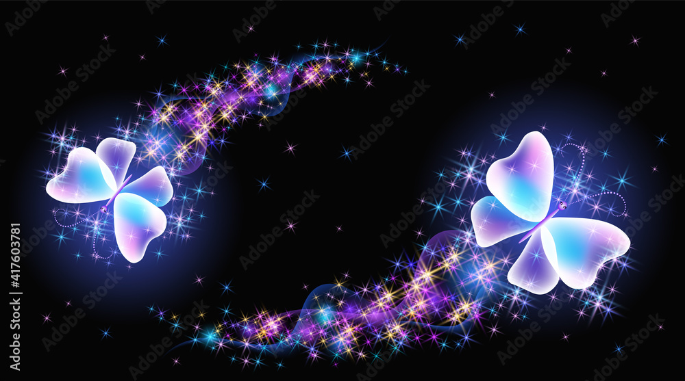 Wall mural magic two butterflies with fantasy sparkle, blazing trail and glowing stars on black background