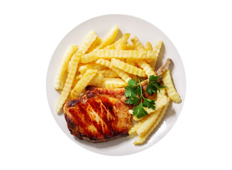 plate of grilled pork with french fries isolated on white background