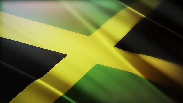 4k Jamaica National flag slow waving with visible wrinkles in Jamaican wind blue sky seamless loop background.A fully digital rendering;animation loops at 40 seconds;smooth texture.