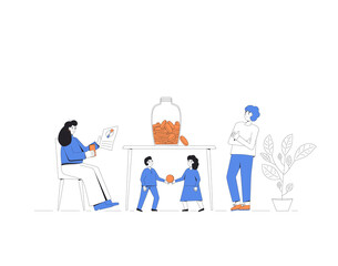 Family budget concept. Parents with kids count their money. Money management. Mother, father, children planning their income. Vector line art illustration.