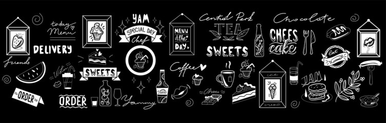 Vector set of chalk boards elements for menu, english words, decorative elements, eat