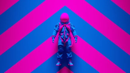 Blue Pink Spaceman Astronaut Cosmonaut with Pink an Blue Chevron Background 3d illustration render © paul