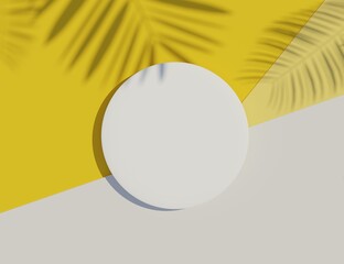 3d render top view of white blank cylinder frame for mock up and display products with shadows of palm leaves and white blue background.