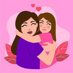 Beautiful mom and daughter giving each other a hug. Vector in EPS format.