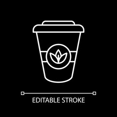 Herbal tea to go white linear icon for dark theme. Natural drink. Take out from cafe. Thin line customizable illustration. Isolated vector contour symbol for night mode. Editable stroke