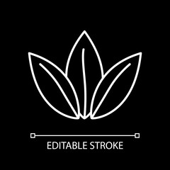 Tea leaves white linear icon for dark theme. Fresh plant. Condiment for cookery. Vegan ingredient. Thin line customizable illustration. Isolated vector contour symbol for night mode. Editable stroke