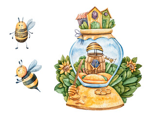 Watercolor cute cartoon bee houses. World honey bee day. Baby colorful nursery clip art on white background. Can be used for  poster, sublimation, print, greeting card, baby shower, book illustration.