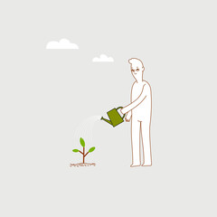 Minimal vector illustration of elderly man watering a plant using watering can. Life after retirement concept, stay at home.