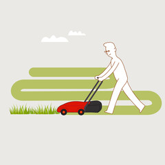 Man mowing lawn with red lawnmower. concept illustration for hobby, retirement. Minimal design.
