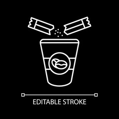 Add sugar to coffee white linear icon for dark theme. Coffeeshop drink take out. Thin line customizable illustration. Isolated vector contour symbol for night mode. Editable stroke