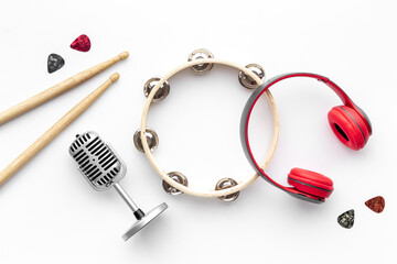 Set of musical instrument top view, flat lay