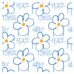 Seamless pattern of graffiti flowers and and the words happy, peace, smile. Image for a poster or cover. Vector illustration. Repeating texture. Figure for textiles.