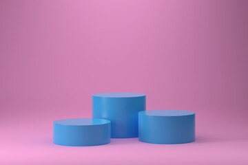 Three blue cylinder podium on gradient pink background.