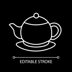 Ceramic teakettle white linear icon for dark theme. Kettle for tea ceremony. Kitchen appliance. Thin line customizable illustration. Isolated vector contour symbol for night mode. Editable stroke