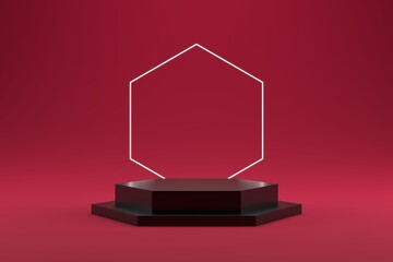 Black stacked hexagonal podium and hexagonal ring on gradient pink background.
