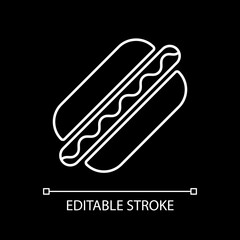 American hot dog white linear icon for dark theme. Street food. Unhealthy eating. Fast food. Thin line customizable illustration. Isolated vector contour symbol for night mode. Editable stroke