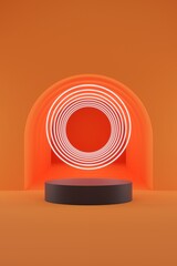 Dark gray cylinder podium and white light ring on orange tunnel background.