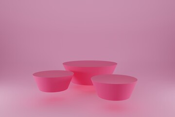 Three floating pink cylinder podium on gradient pink background.
