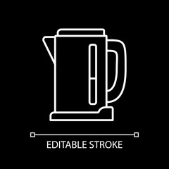 Electric kettle white linear icon for dark theme. Teakettle to boil water. Household appliance. Thin line customizable illustration. Isolated vector contour symbol for night mode. Editable stroke