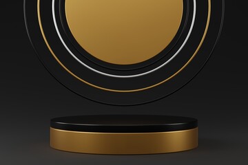 Black gold cylinder podium and black silver gold ring on gradient gray background.