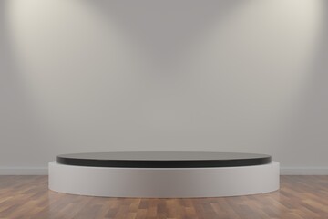 Dark gray and white cylinder podium in a room with 
white wall and wooden floor illuminated with...