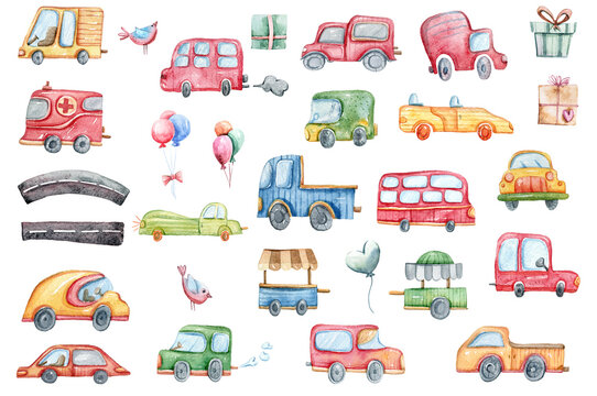 Watercolor hand painted colorful cars, road, trees, signs clipart. Cartoon lovely cute kids transport on white background. Perfect for babys wallpaper, wrapping paper, scrapbooking, fabric, textile