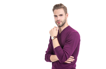 Sexy guy with stylish hair touch unshaven chin wearing casual violet pullover, salon