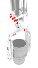 3D render of a steel bucket on a lifting beam suspended from a crane hook (sketch)