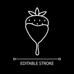 Strawberry in melted chocolate white linear icon for dark theme. Valentine treat. Romantic dessert. Thin line customizable illustration. Isolated vector contour symbol for night mode. Editable stroke