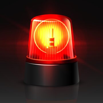 3d Realistic Vector Red Police Car Top Light Glowing In The Dark On Black Background.