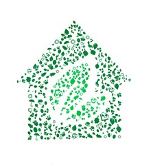 Ecology design concept in the form of a house with leaves, consisting of a set of symbols.