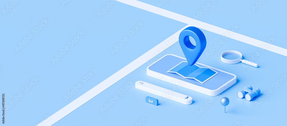 Poster isometric of map and location pin or navigation icon sign on blue background with search concept. 3d
