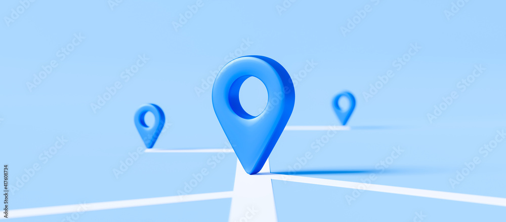 Poster locator mark of map and location pin or navigation icon sign on blue background with search concept.