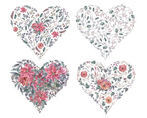 Fototapeta na wymiar Illustration of hand drawn floral heart isolated on white background. Perfect for print, sublimation, patterns, banner, poster, wedding, fashion, card, typography. 