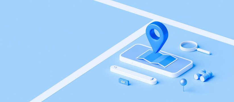 Isometric of map and location pin or navigation icon sign on blue background with search concept. 3D rendering.