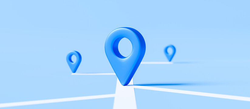 Locator Mark Of Map And Location Pin Or Navigation Icon Sign On Blue Background With Search Concept. 3D Rendering.