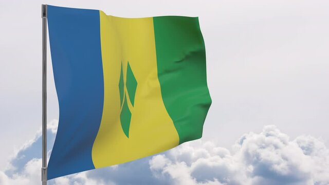 Saint Vincent and the Grenadines flag on pole with sky background seamless loop 3d animation