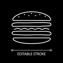 Burger layers white linear icon for dark theme. Cheeseburger take out. Fast food delivery. Thin line customizable illustration. Isolated vector contour symbol for night mode. Editable stroke