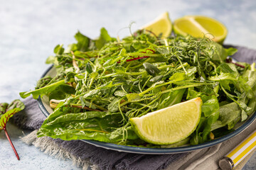 Vegan salad of green mix salad leaves and microgreen with lime on a plate, blue concrete background.