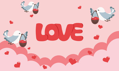 happy valentines day, birds flying on the sky with many hearts, banner for love concept.