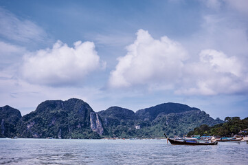 Beautiful landscape with rocks, cliffs, tropical beach. Phi Phi Island, Thailand.