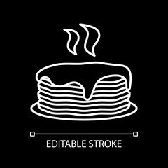 Hot pancakes with syrup white linear icon for dark theme. Steaming stack of cakes. Thin line customizable illustration. Isolated vector contour symbol for night mode. Editable stroke