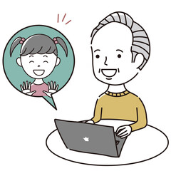 オンラインで孫と会話を楽しむシニアのイラスト素材
