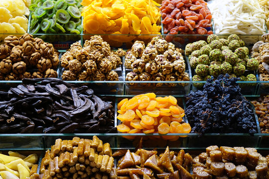 sweets, nuts and dried fruits at the Egyptian bazaar. High quality photo