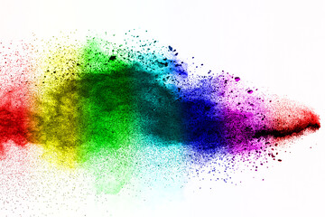 Colorful powder explosion on white background. Colored cloud. Colorful dust explode. Indian festival Holi