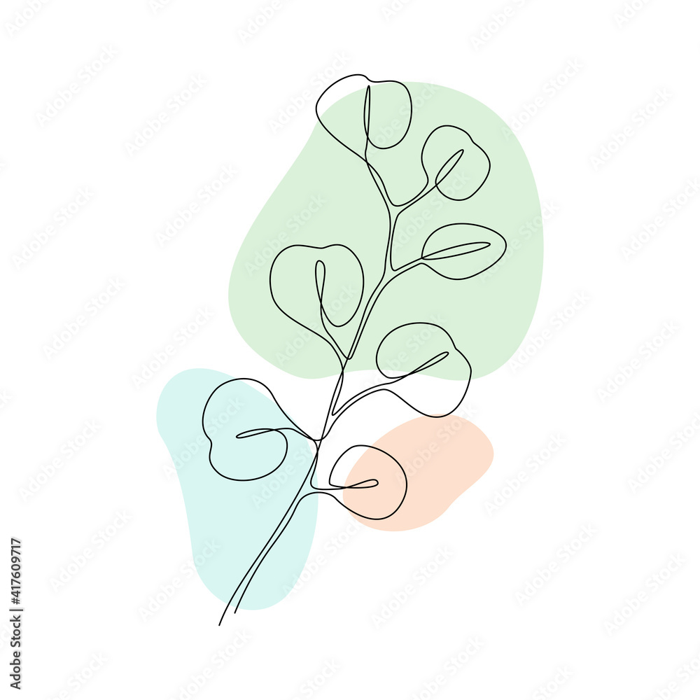 Poster botanical wall art vector with eucalyptus branch. continuous one line drawing with abstract pastel s