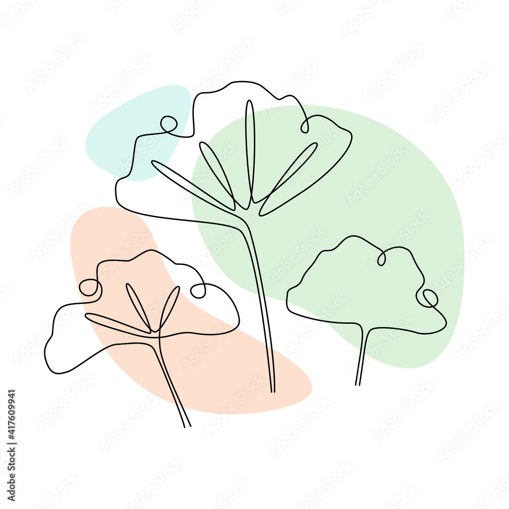 Poster Botanical wall art vector with Ginkgo biloba. Continuous one line drawing with abstract pastel shape. Minimalistic and natural wall art. Vector illustration.