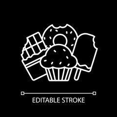 Dessert and treats white linear icon for dark theme. Junk food. Chocolate bar, ice cream. Thin line customizable illustration. Isolated vector contour symbol for night mode. Editable stroke