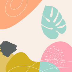 Abstract tropical  background or posters with modern decorative design, pastel colors. Modern collage with leaves and shapes.  vector illustration.
