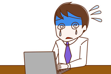 パソコンの操作が分からなくパニックになって泣いている男性